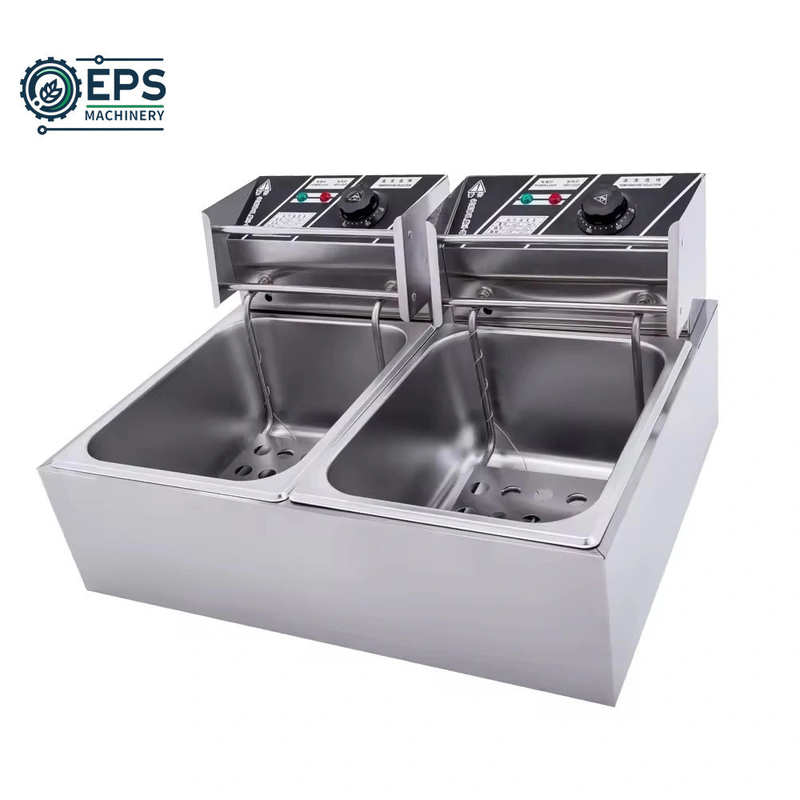Fritadora industrial automática de acero inoxidable con botón de control para la producción de alimentos a granel